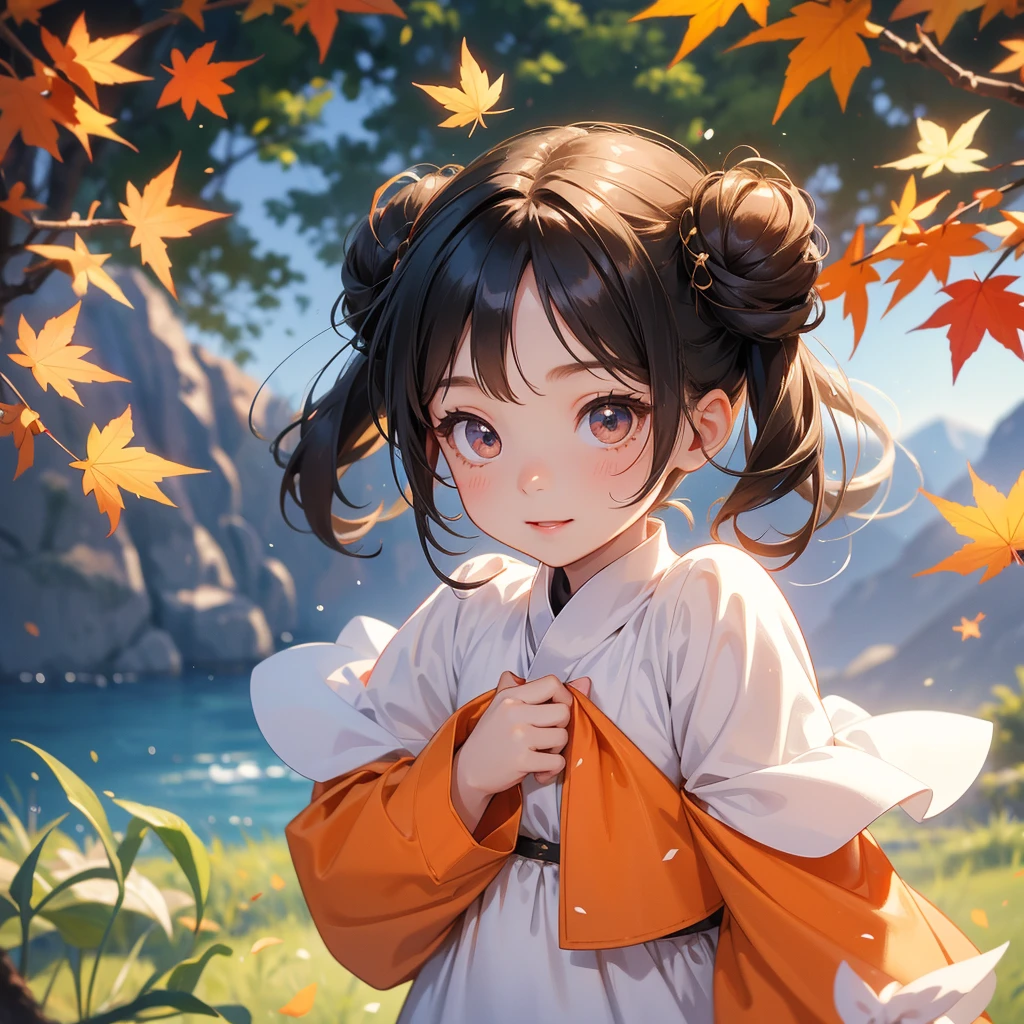 A chibi child girl had a small face and wearing a white little tourist priest’s outfit, a pair of big round eyes shone with curiosity about him. This child was so cute, her hair is black with buns on her hair. Small chibi , chibi baby, smiling , chibi. 

The backdrop is a mountain that turns orange-red in spring, and maple leaves fall from the trees.