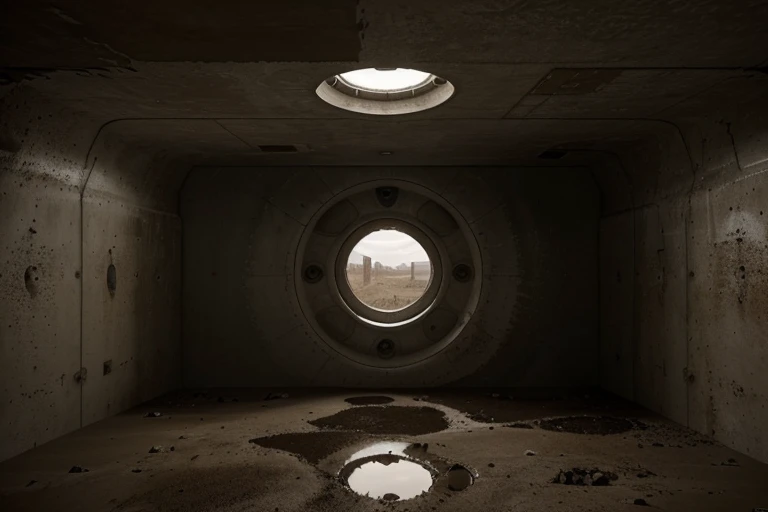 make a futuristic bunker isolated in a desert apocalypse, the bunker should be a building with large, round windows, must be sinister dark concrete in the middle of the desert, cloudy and dark sky, rainy weather, puddles of water on the muddy ground, as realistic as possible