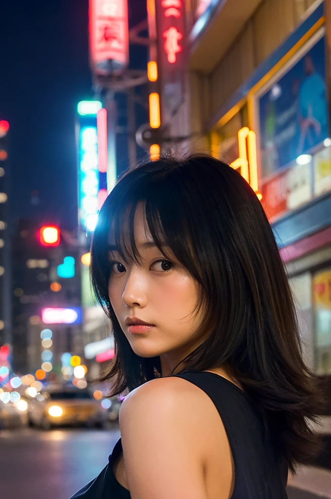 close-up of beautiful North Korean female, long hair, straight hair, flat bangs hair, 40 inch breasts size, camouflage bandeau tube top, camouflage short pants, in the army camp, night, seeing billboard is behind, army camp background, UHD
