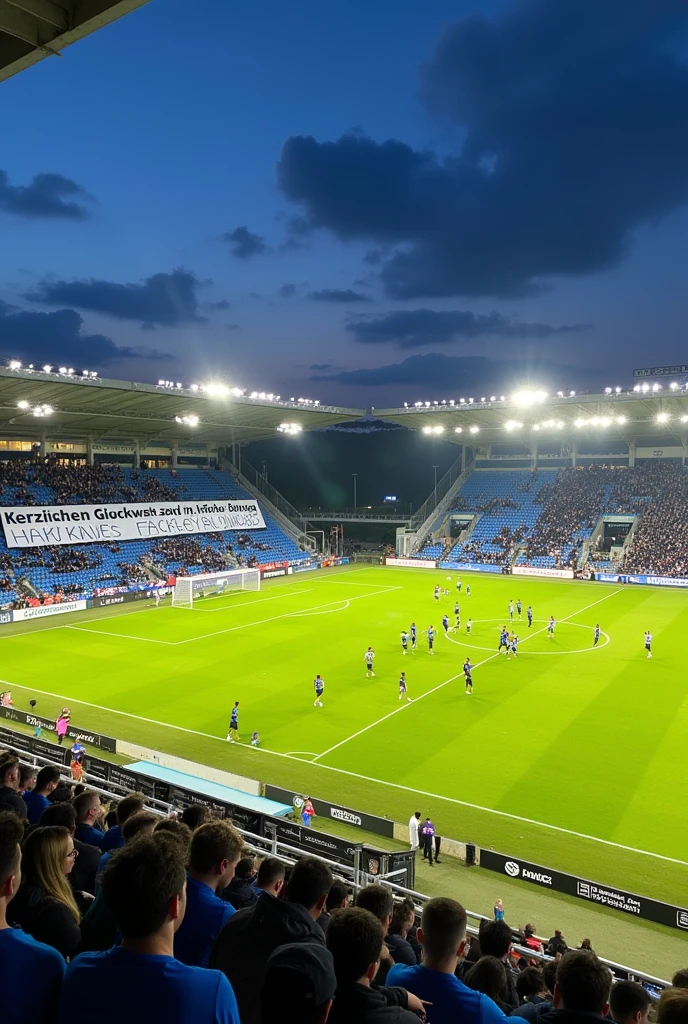 FC Saarbrücken Stadium (Ludwigspark) 
Die Mannschaft in Blau schwarzen Trikots 

„Herzlichen Glückwunsch zum Geburtstag Darti 💙🖤“ 
(This saying is very important, please without spelling mistakes 🥴) 