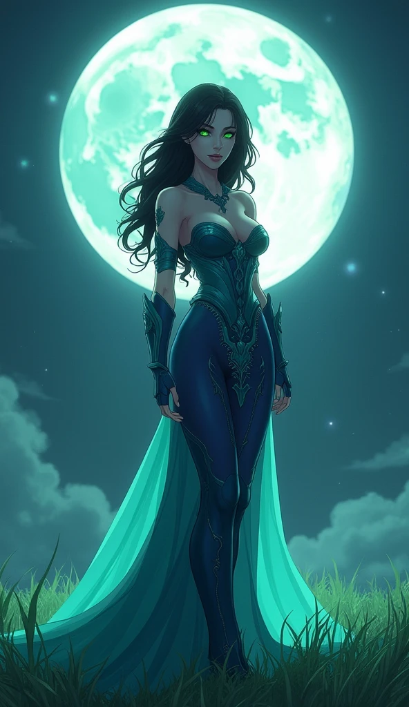 Anime style, a beautiful goddess of the night similar to Psylocke descends from the heavens to land on the green grass and the light of the full moon shines behind her, she wears a sensual dress with blue armor and her eyes shine with green light, Fantasy Style, Anime Style