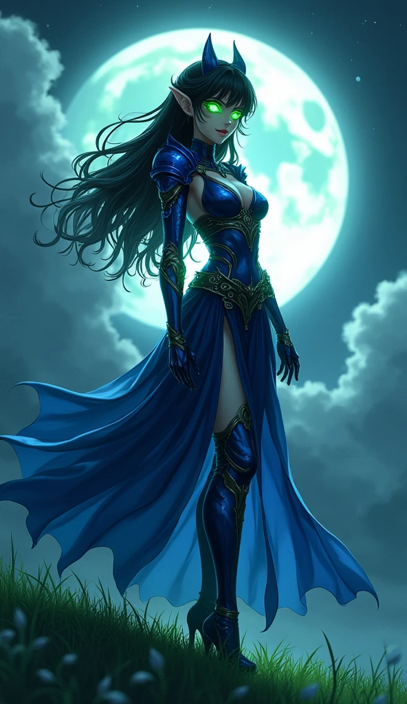 Anime style, a beautiful goddess of the night similar to Psylocke descends from the heavens to land on the green grass and the light of the full moon shines behind her, she wears a sensual dress with blue armor and her eyes shine with green light, Fantasy Style, Anime Style