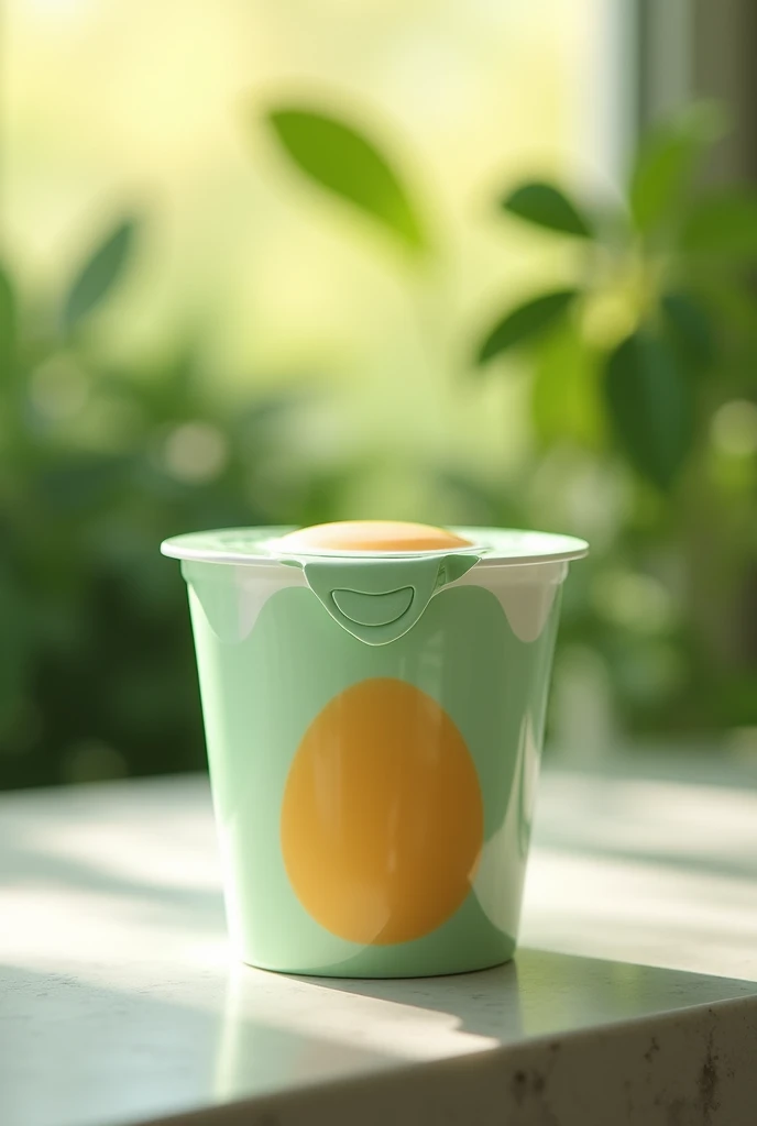 Greek yogurt cup style, size 120 grams, brand V greek high protein and has probiotics, request light green packaging and have egg yolk pattern on the product cup, and request a beautiful background, and a simple luxury product, make it more beautiful, request a lid to make it look more appealing and worth buying.