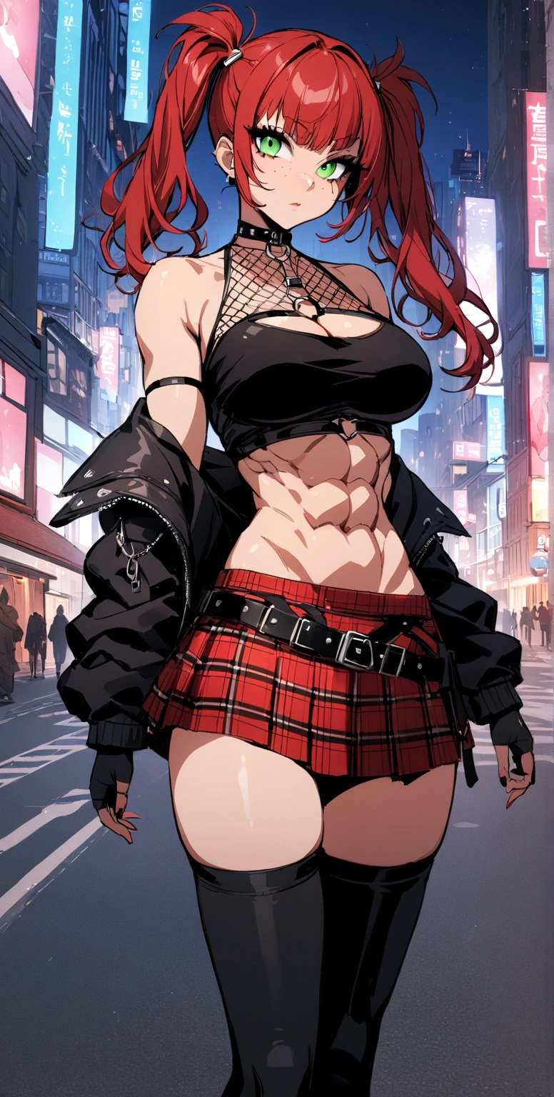woman, (curly red hair in pig tails), green eyes, black eyeshadow, wearing crop top black shirt, long black jacket, (red plaid skirt), black knee high boots, black fingerless gloves, exposed shoulders, large breasts, freckles, abs, cleavage, looking at viewer, masterpiece, best quality, Holo-Punk Style, in the city, make up, eyelashes, fish net undershirt, fish net stockings