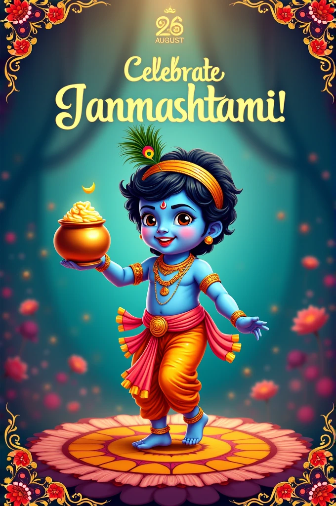 Create a vibrant Janmashtami poster featuring Bal Krishna with a pot of butter. Use traditional Indian patterns and bright festive colors. Highlight the date, 26th August 2024, with the text 'Celebrate Janmashtami!'"
