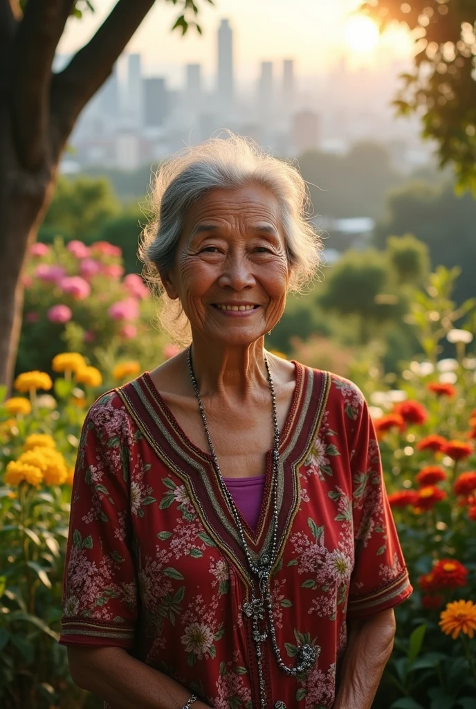 Teresa Maguina,, an incredible grandmother standing for the Philippines, (best quality,4K,8ก,height,Masterpiece:1.2),Very detailed,(realistic,photorealistic,photo-realistic:1.37),HDR,UHD,studio lighting,ภาพวาดที่Very detailed,Sharp focus,Physical rendering,คำอธิบายรายVery detailed,professional,bright colors,Bokeh,high definition, the courageous grandmother,, Teresa Maguina,, standing proudly in the heart of the Philippines,. her eyes reflect wisdom and determination,, with depth,, brown irises glowing with resilience,. Beautifully detailed eyes, Long eyelashes, and captivating eyes,. Teresa's face bears the marks of a life well lived,, with lines etched from wisdom and years of experience,. her lips,, weathering with time,, part of it is a gentle smile that radiates warmth and kindness,. beautiful and detailed lips with an expression that speaks of kindness,. surrounded by lush greenery,, Teresa stands amidst a vibrant garden,, bursting with colorful flowers and towering trees,. Sunlight shines through the leaves., Handsome and gentle,, the warm light on her face,. The landscape is filled with bright colors and the beauty of nature.  adding movement and life to the scene,. in the background, a panoramic view of the bustling city can be seen,, with towering skyscrapers and bustling streets,. the contrast between the cityscape and the lush garden reflects Teresa's unwavering spirit., rooted in tradition but embracing the modern world,. The artwork is rendered in the style of a hyperrealistic portrait, capturing every subtle detail of Teresa's features,. the texture is meticulously recreated,, from the fine lines on her forehead to the creases around her eyes,. the painting is full of realism and depth,, evoking strong emotional connections,