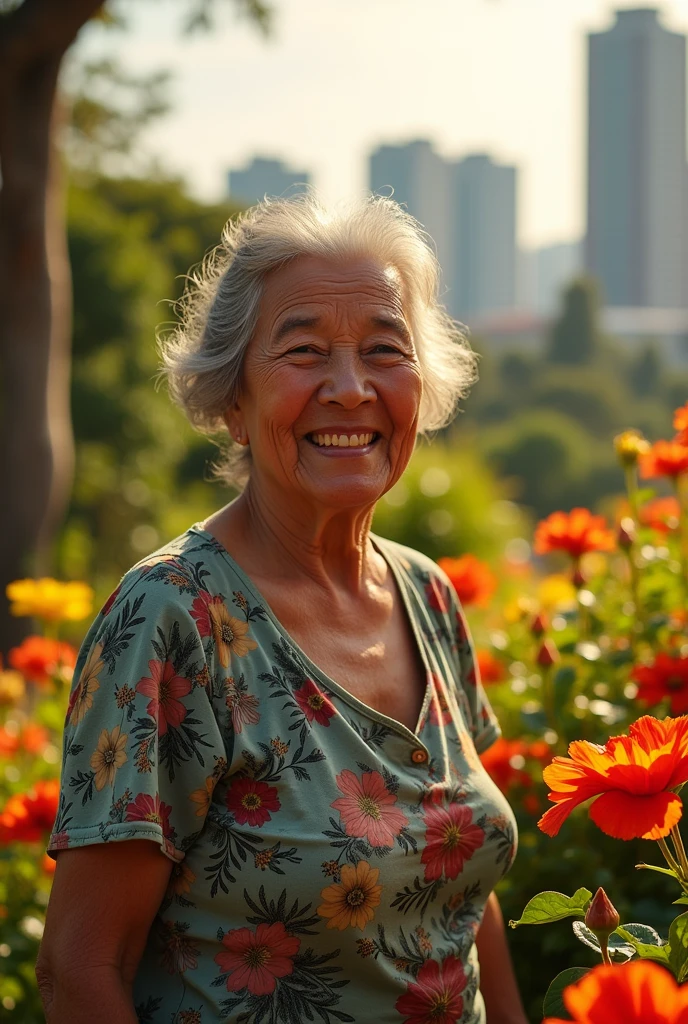 Teresa Maguina,, an incredible grandmother standing for the Philippines, (best quality,4K,8ก,height,Masterpiece:1.2),Very detailed,(realistic,photorealistic,photo-realistic:1.37),HDR,UHD,studio lighting,ภาพวาดที่Very detailed,Sharp focus,Physical rendering,คำอธิบายรายVery detailed,professional,bright colors,Bokeh,high definition, the courageous grandmother,, Teresa Maguina,, standing proudly in the heart of the Philippines,. her eyes reflect wisdom and determination,, with depth,, brown irises glowing with resilience,. Beautifully detailed eyes, Long eyelashes, and captivating eyes,. Teresa's face bears the marks of a life well lived,, with lines etched from wisdom and years of experience,. her lips,, weathering with time,, part of it is a gentle smile that radiates warmth and kindness,. beautiful and detailed lips with an expression that speaks of kindness,. surrounded by lush greenery,, Teresa stands amidst a vibrant garden,, bursting with colorful flowers and towering trees,. Sunlight shines through the leaves., Handsome and gentle,, the warm light on her face,. The landscape is filled with bright colors and the beauty of nature. adding movement and life to the scene,. in the background, a panoramic view of the bustling city can be seen,, with towering skyscrapers and bustling streets,. the contrast between the cityscape and the lush garden reflects Teresa's unwavering spirit., rooted in tradition but embracing the modern world,. The artwork is rendered in the style of a hyperrealistic portrait, capturing every subtle detail of Teresa's features,. the texture is meticulously recreated,, from the fine lines on her forehead to the creases around her eyes,. the painting is full of realism and depth,, evoking strong emotional connections,