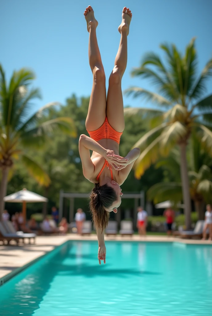 A woman in her twenties doing the Komaneci move while wearing a high-cut swimsuit