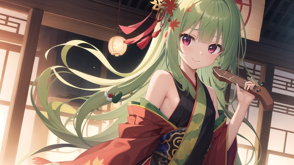 ((masterpiece)),(best quality),Official Art,Extremely detailed CG,Unity 8K wallpaper,Very detailed,Beautiful and delicate eyes,Extremely detailed face,1 girl,solitary,,(whole body:1.5),(small:1.3),Smile,,Murasame,Very long hair,Green Hair,Face Up,Purple bow,hairpin,Side chains,Bangs,Red Eyes,Neck strap,Red belt,Chinese elegant style，Long-sleeved hanfu，，Who is playing a song on the pipa? The east wind breaks the maple leaves, coloring the story. I see through the ending.