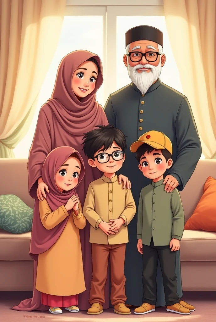 Create anime avatar family portrait of a Bangladeshi Muslim family with five members. The mother is a 45-year-old overweight woman weighing 90 kg wearing hijab and abhaya . The father dark brown skin tonned is a 65-year-old man with a white beard, wearing a cap and 
Punjabi . The eldest son is brown 21 years old adult, wearing glasses, a shirt, and pants. The middle daughter is brown 19 years old adult, wearing hijab and glasses . The youngest son is brown , dressed in a cap and a Punjabi plain background.