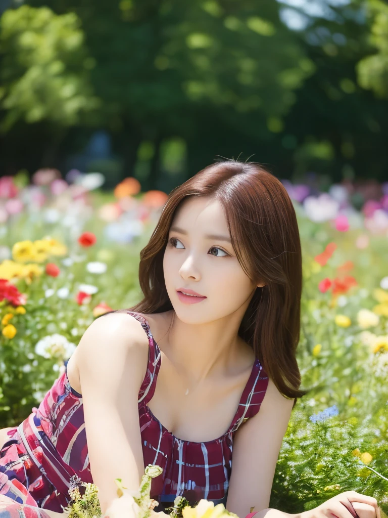 (Lifelike, A high resolution:1.3), 1 girl with super fine face and eyes, looking-away, sitting on a picnic blanket in a beautiful flower park. The image captures her surrounded by flower, with a focus on her cheerful demeanor and the peaceful greenery around her, cowboy shot, summer,