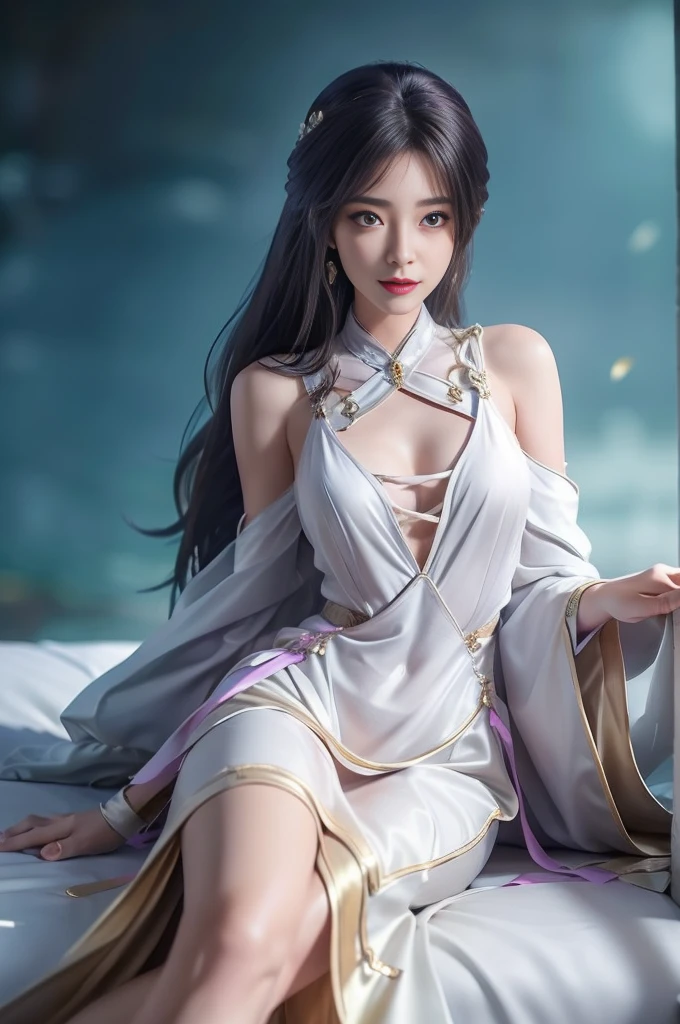 Yunxi（(Girl lying in bed))、A beautiful and moving woman, in an elegant pose, her full breasts on display.，Visible cleavage，Sexy long legs，Variety of slim and cute beauties, Her long hair cascades down her shoulders like a waterfall。She smiles radiantly，Eyes sparkle，Her skin is flawless。Her curves are highlighted。Sparkle in the light，The colors are soft，She lay confidently，One hand on hip，Her posture is both graceful and strong。She wears elegant high heels，Goes well with her outfit。In the warm golden sun。The overall atmosphere of the image is tranquil and uplifting，Emphasizing natural beauty and elegance, Studio Lighting,Bright colors, Sweet maiden, sweet smile, make up，shy，Blush，Parted lips，Heavy breathing，moan，Surrealism，Realism，Movie Lighting，Relief，Sony FE GM，Retina，masterpiece，precise，Anatomically correct，Textured Skin，Super Detail，High Detail，best quality，rich and colorful