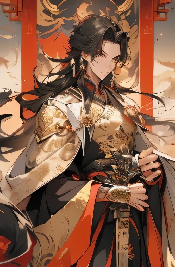 Masterpiece humanoid dragon, Best Picture Quality, 1 handsome mature man, Ancient Chinese palace background, Black hair and silver eyes, golden dragon, Long hair with split ends on the forehead, Black and gold dress, The dragon pattern is meticulously detailed, Serious and mighty, Saber Lingfeng, The face is cold and delicate, Handsome royal style, Tall stature, Accented with gold patterns, A calm and calm temperament。