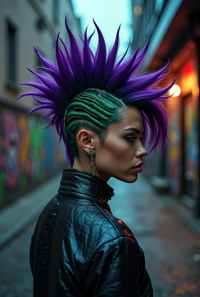 Can you make me a monster-inspired hairstyle for a woman with a very extravagant and aggressive look?