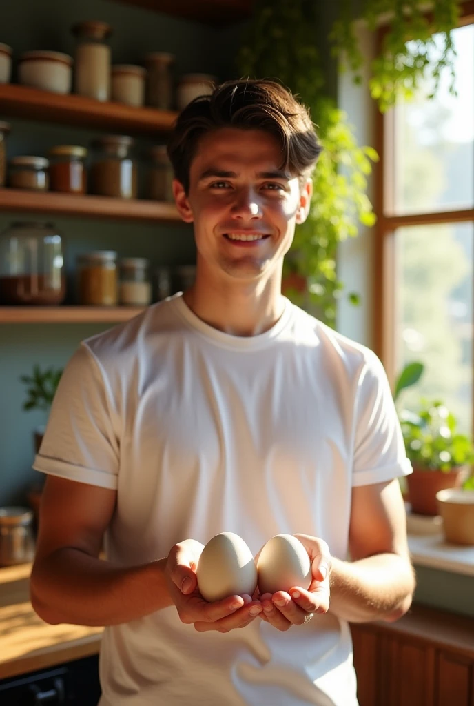 Young man holding 2 eggs