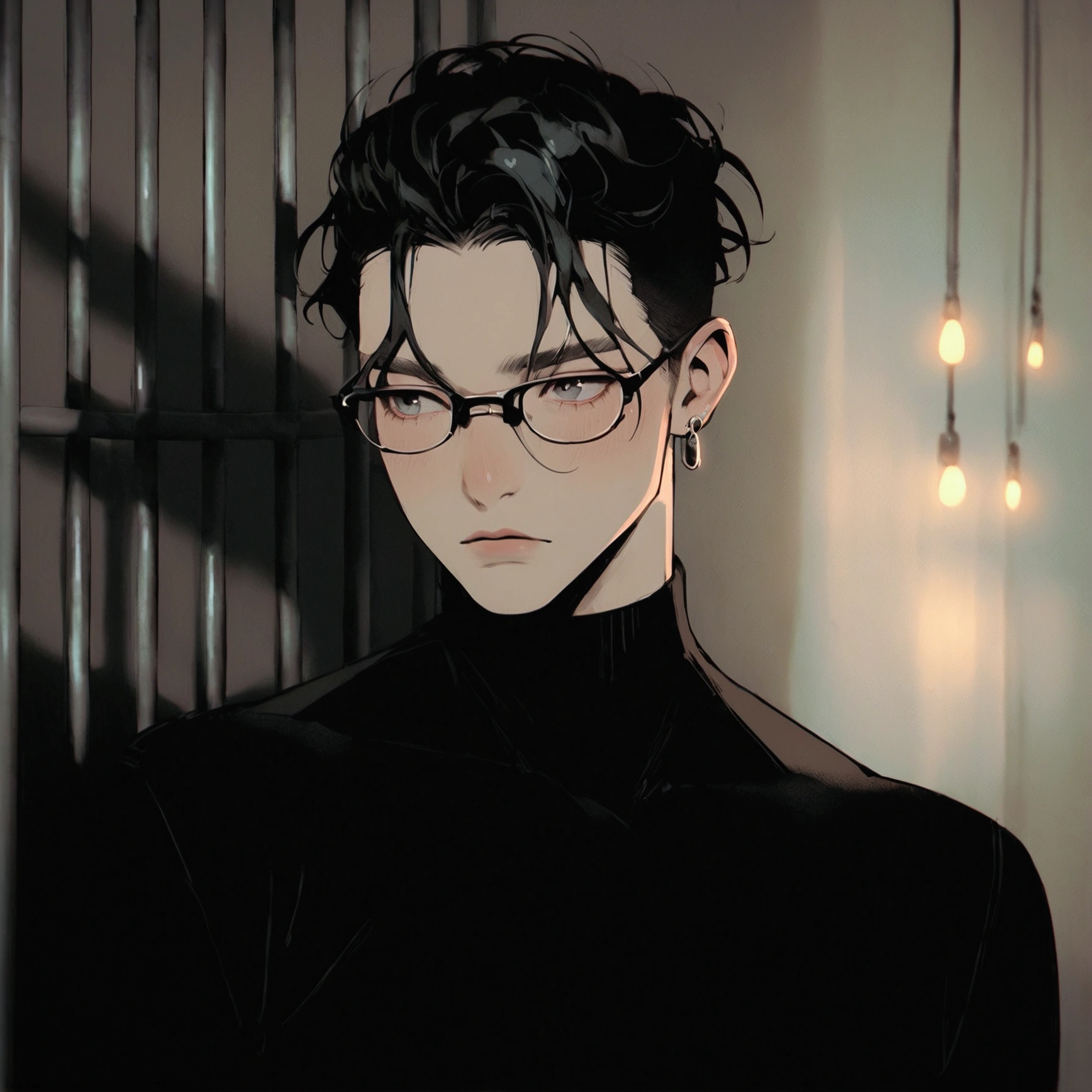 score_9, score_8_up, score_7_up, score_6_up, gthan, a young boy wearing a stylish black turtleneck and a matching black coat. He has small, Slicked back black hair, silver earrings in both ears and a couple of rings on his fingers. He also wears sleek, modern glasses. The background is intentionally blurred, emphasizing the boy's cool and composed appearance, with soft, out-of-focus lights in the distance to give a sense of depth and a subtle urban vibe.