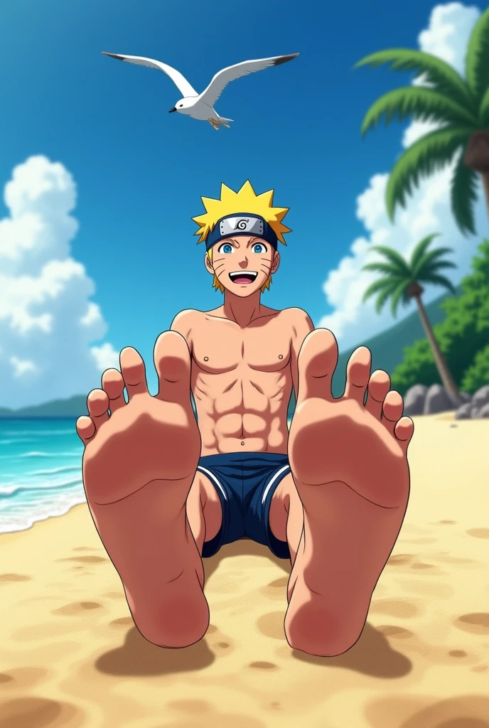 Realistic HD style image of Naruto Uzumaki barefoot showing the soles of his feet from below close to the camera,sitting on the beach smiling shirtless