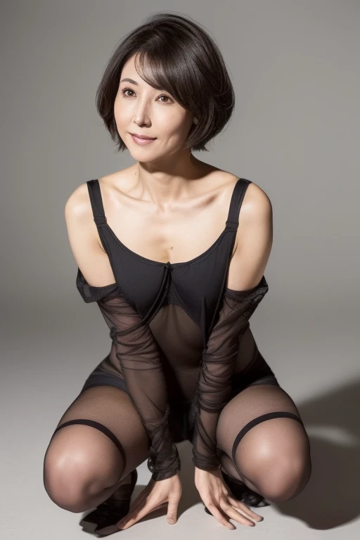 High resolution, High resolution, Attention to detail, masterpiece, Rough skin, Anatomically correct, sharp, Gray background,The basic premise is that they are wearing full-body tights.,((Japanese beautiful mature woman,48 years old)), alone, ((Facial wrinkles)), (Realistic人間的に, Realistic:1.37),(((I will take a full-body photo. Please face me directly with your entire body.,Pose: A woman with legs spread 120 degrees apart, hands behind her head in a squatting position,)))),((She looks at me with an angry expression)),Front shot,The whole body is visible,,((Her hairstyle is a very very short pixie cut)),((I have a hairy constitution, so I have a lot of pubic hair.)),((She is wearing a black translucent bodysuit made of silk that is skin tight and shows her naked body, private parts and pubic hair.)),((,(((The pubic area is greatly swollen, and the pubic area and pubic hair hidden under the body tights can be seen through.))),sheer tights dig into the(0.3)clearly defined labia(0.3)The clearly visible),Because of her hairy constitution, she has a lot of armpit and pubic hair.)),full body close-up shot,Full body wide shot,Smooth curves,The location is a brightly lit basement,The background is gray space,