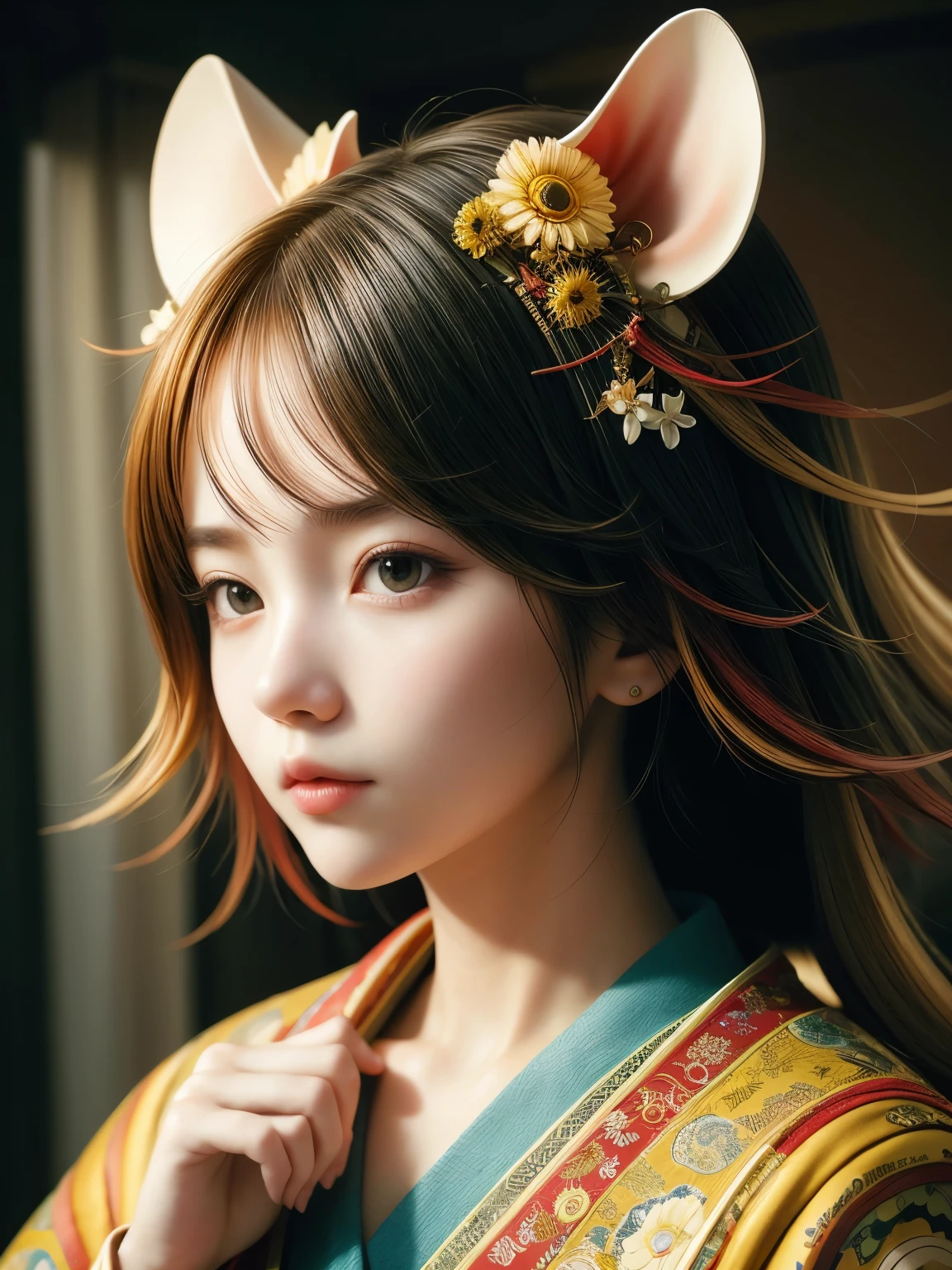 (high quality), (masterpiece), (detailed), 8K, Hyper-realistic portrait of (1 girl1.2) wearing (Shio rat attire1.3), showcasing intricate (traditional Japanese patterns1.2) and (vibrant colors1.2). (Upper body1.2) is the primary focus, with (delicate hands1.2) and (expressive face1.2) capturing the viewer's attention. Soft, (natural lighting1.2) enhances the subject's features, creating a sense of (serenity1.2). In style of Takashi Murakami, trending on DeviantArt.