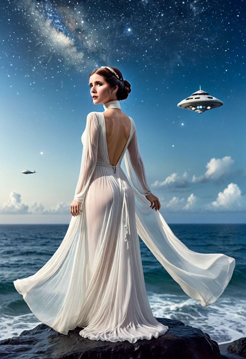 Princess Leia (age 25, airy sheer white elegant gown), camera low looking up at her butt and a starry sky, a few tiny space ships fly across the sky, lush ocean world
