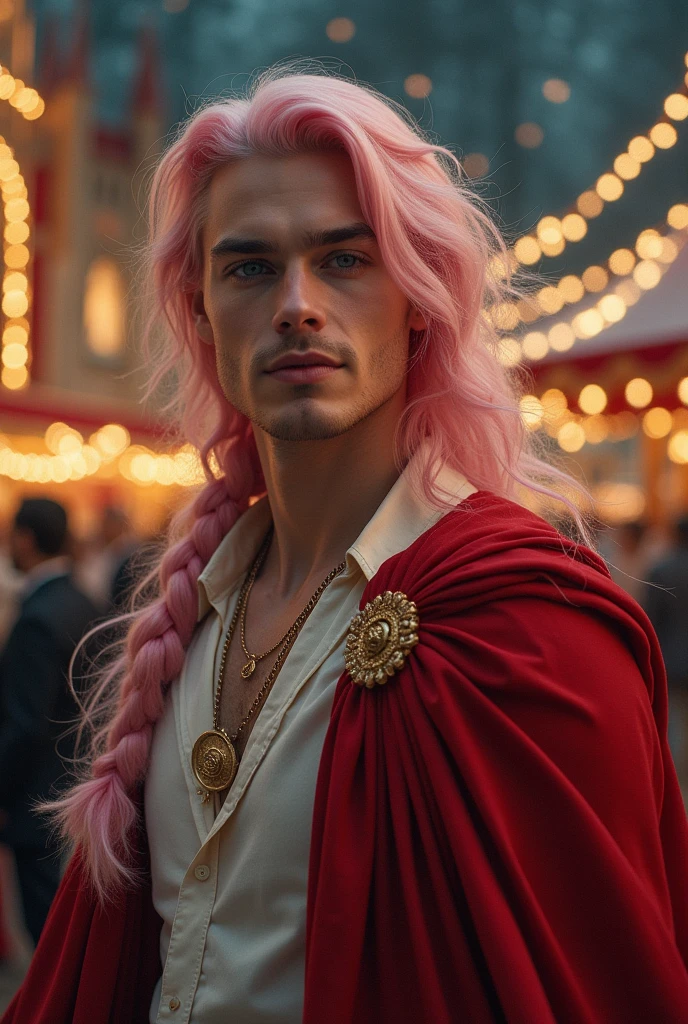 ((Masterpiece, Best Quality, Highest Image Quality, High Resolution, Photorealism, RAW Photos, 8k)), A beautiful man, light muscles, pale skin, fine feature, unisex face, lightly smile, long hair, pink pink haired, one braid, hair flying in the wind, show forehead, gold jewelry, open white shirt, thin red cloak. Outdoors, in the night circus, gothic architecture, Christmas.