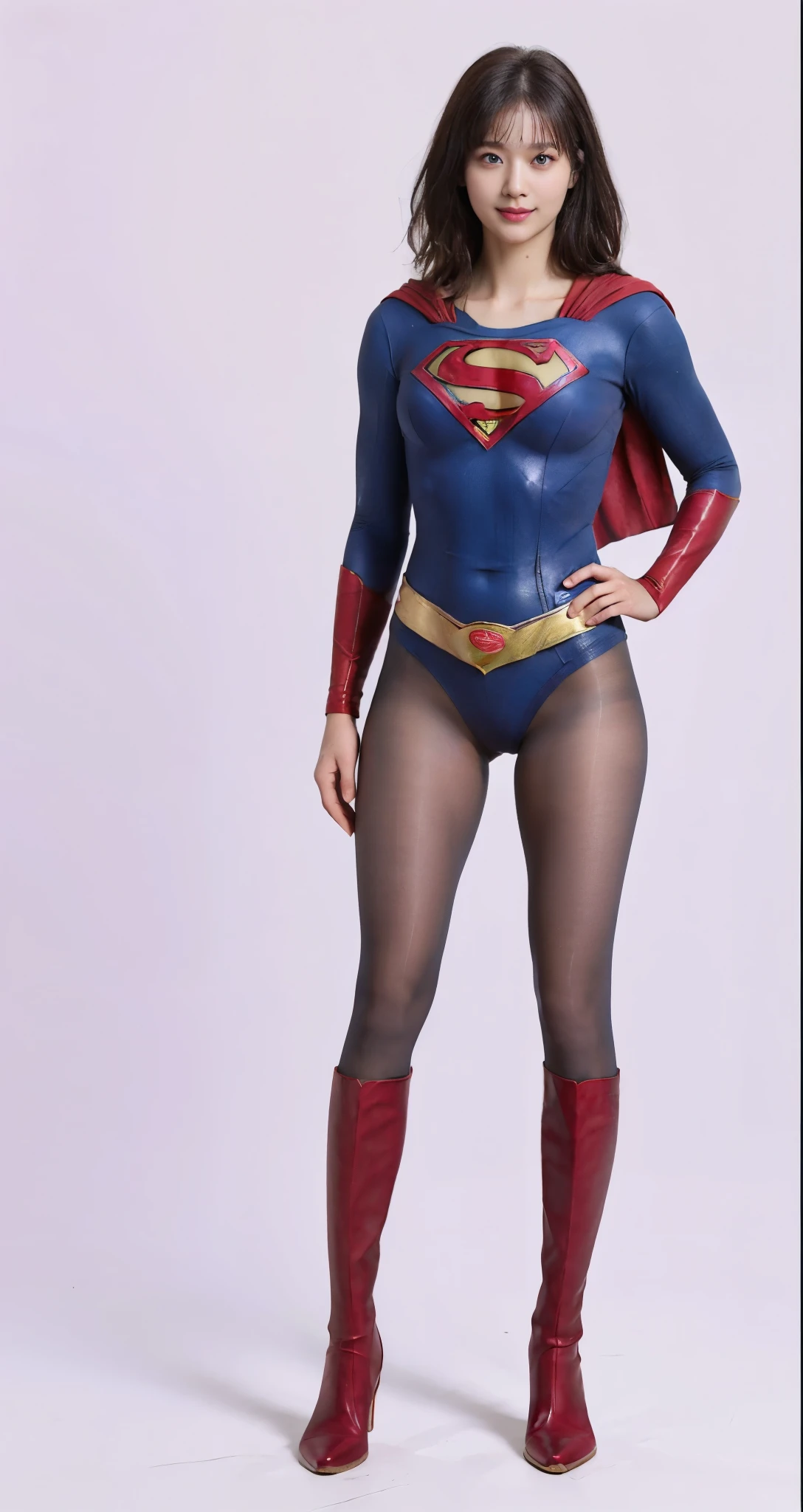 No background、(((Beautiful legs in black tights.)))、(((Legally express the beauty of your smile)))、((((Make the most of your original images)))、(((Supergirl Costume)))、(((Beautiful Hair)))、(((suffering)))、(((Please wear black tights....、Wear red boots)))、((Best image quality、8k))、((Highest quality、8k、masterpiece:1.3))、(((Preserve background )))、Sharp focus:1.2、Beautiful woman with perfect figure:1.4、Slim Abs:1.2、Wet body:1.5、Highly detailed face and skin texture、8k