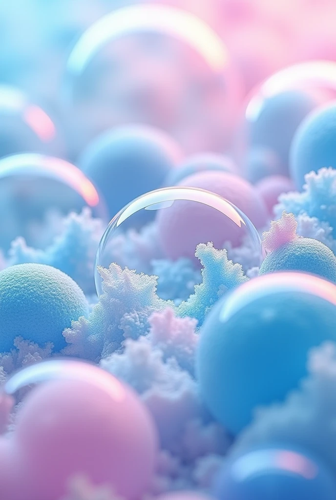 A close-up, abstract scene with a mixture of vibrant blue and soft pink soap bubbles and foam. The bubbles are of various sizes, creating a playful and dynamic composition. The colors blend smoothly, forming a pastel gradient effect with a soft, frothy texture. The overall vibe is light, clean, and fresh, evoking a sense of fun and cleanliness. The focus is on the intricate details of the bubbles and the gentle transition of colors across the image.