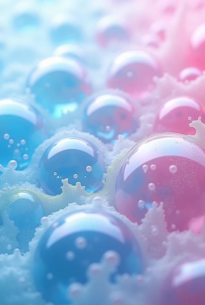 A close-up, abstract scene with a mixture of vibrant blue and soft pink soap bubbles and foam. The bubbles are of various sizes, creating a playful and dynamic composition. The colors blend smoothly, forming a pastel gradient effect with a soft, frothy texture. The overall vibe is light, clean, and fresh, evoking a sense of fun and cleanliness. The focus is on the intricate details of the bubbles and the gentle transition of colors across the image.