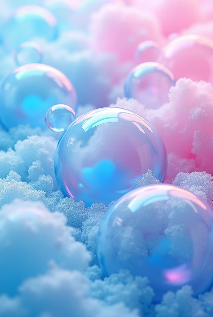 A close-up, abstract scene with a mixture of vibrant blue and soft pink soap bubbles and foam. The bubbles are of various sizes, creating a playful and dynamic composition. The colors blend smoothly, forming a pastel gradient effect with a soft, frothy texture. The overall vibe is light, clean, and fresh, evoking a sense of fun and cleanliness. The focus is on the intricate details of the bubbles and the gentle transition of colors across the image.