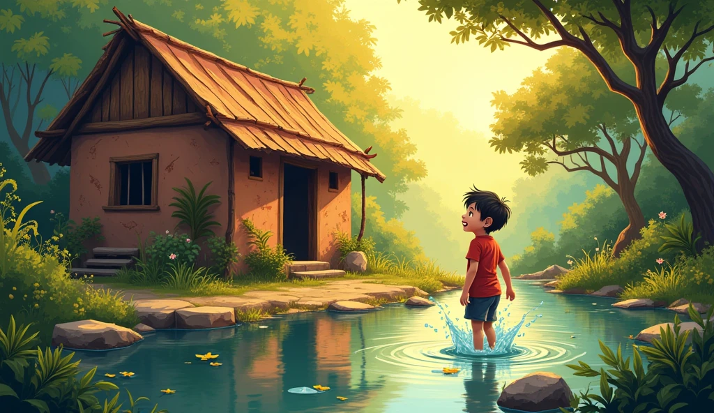 cartoon, a rural poor vietnamese small old clay tent with the light shining on them, in the style of colorful prisma, small pond, 1 boy playing with water, erased and obscured, multiple flash, iconic album covers,