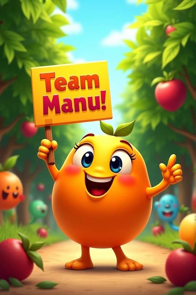 Cartoon of a cute little orange with a sign that says team manu