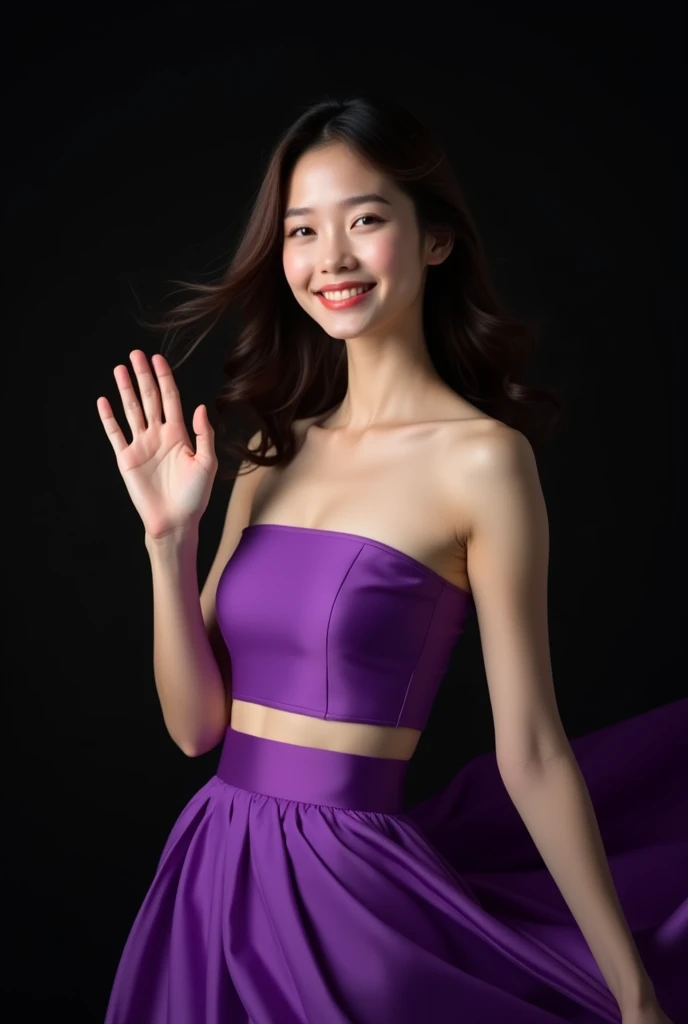 a Taiwan woman in an purple tube top, wearing a purple skirt, hand style respect, blowing wind, (hand arm up), yes pose, left view, smiling, close one eye, cute, amazing! stunning woman, gorgeous woman, brunette, stunning model, studio light, smooth in the background, with a black background, Raw photo, (8K、top-quality、masterpiece:1.2)、(intricate detailes:1.4)、(Photorealsitic:1.4)、octane renderings、Complex 3D rendering ultra detail, Studio Soft Light, Rim Lights, vibrant detail, super detailing, realistic skin textures, Detail Face, Beautiful detail eyes, Very detailed CG Unity 16k wallpaper, make - up, (detailedbackground:1.2), Exposed thighs!!!