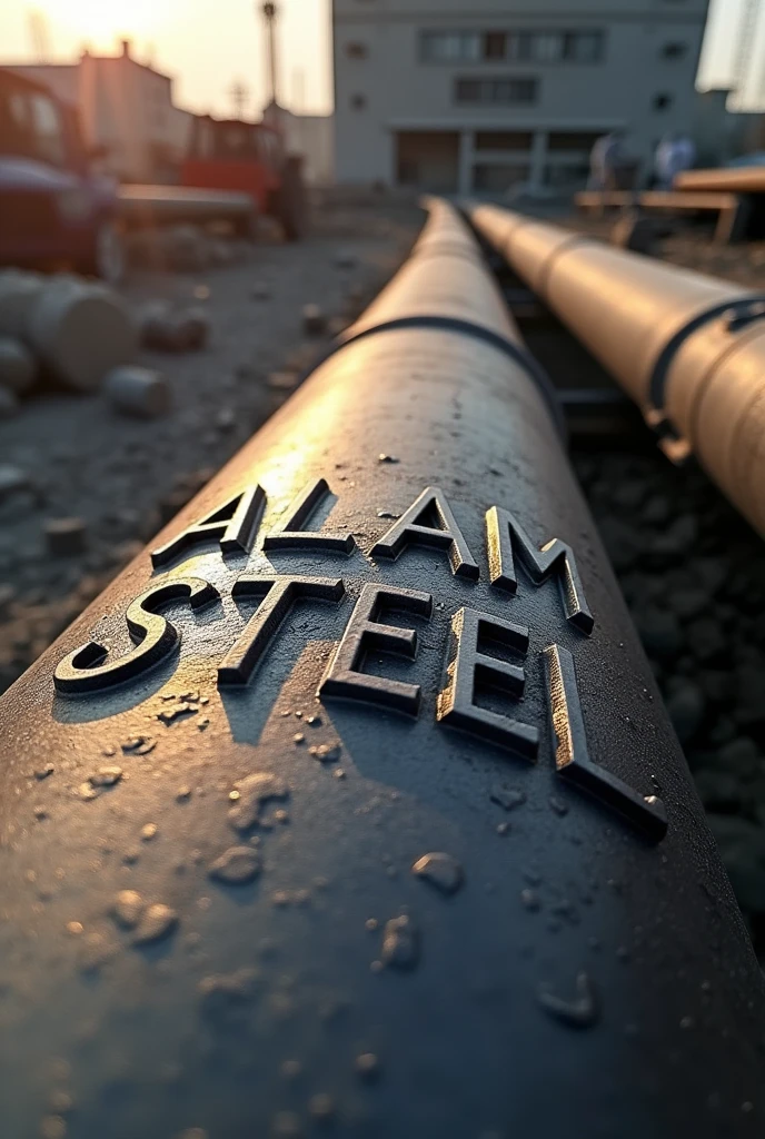 Generate a high-quality, detailed image of a steel rebar (sariya) with visible ribs running along its length. The rebar should have the text "ALAM STEEL" embossed deeply into the surface, in bold, industrial-style lettering that wraps around the rebar's curvature. The ribs should be pronounced, following the spiral pattern typical of reinforced steel bars. The text "ALAM STEEL" should look like it's been stamped or engraved into the metal, maintaining a strong, durable appearance, with the metallic texture and sheen clearly visible. Ensure that the overall design of the rebar reflects the realistic look of a construction-grade steel rod with all the characteristic features.