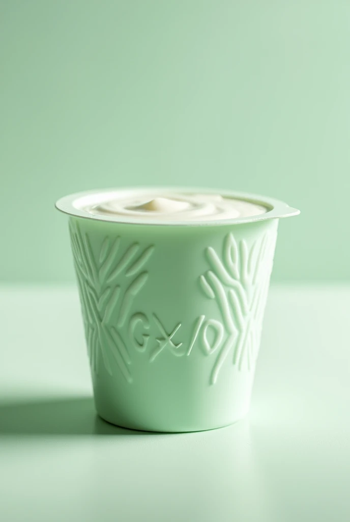 Greek yogurt cup style, size 120 grams, brand V greek high protein and has probiotics, request for light green packaging and have fried egg pattern on the product cup, request for a beautiful background, and a simple luxury product, make it more beautiful, request for a lid to make it look more appealing and worth buying, remove the fried egg shape.