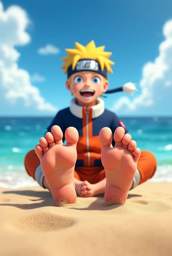 Realistic HD animated image of young Naruto Uzumaki barefoot showing the soles of his feet from below close to the camera,sitting on the beach smiling shirtless
