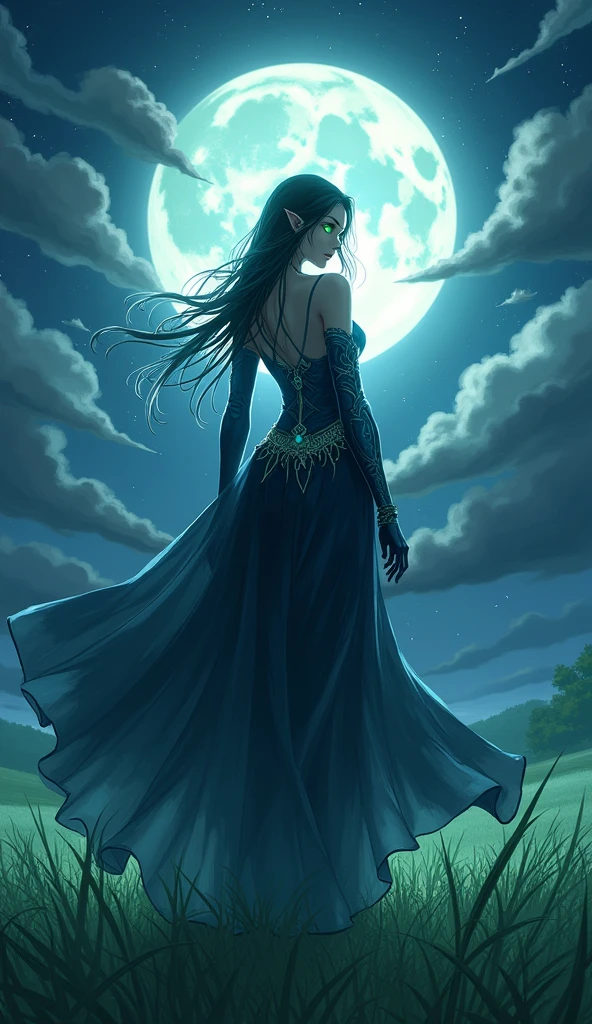 Anime style, a beautiful goddess of the night similar to Psylocke descends from the heavens to land on the green grass and the light of the full moon shines behind her, she wears a sensual dress with blue armor and her eyes shine with green light, Fantasy Style, Anime Style
