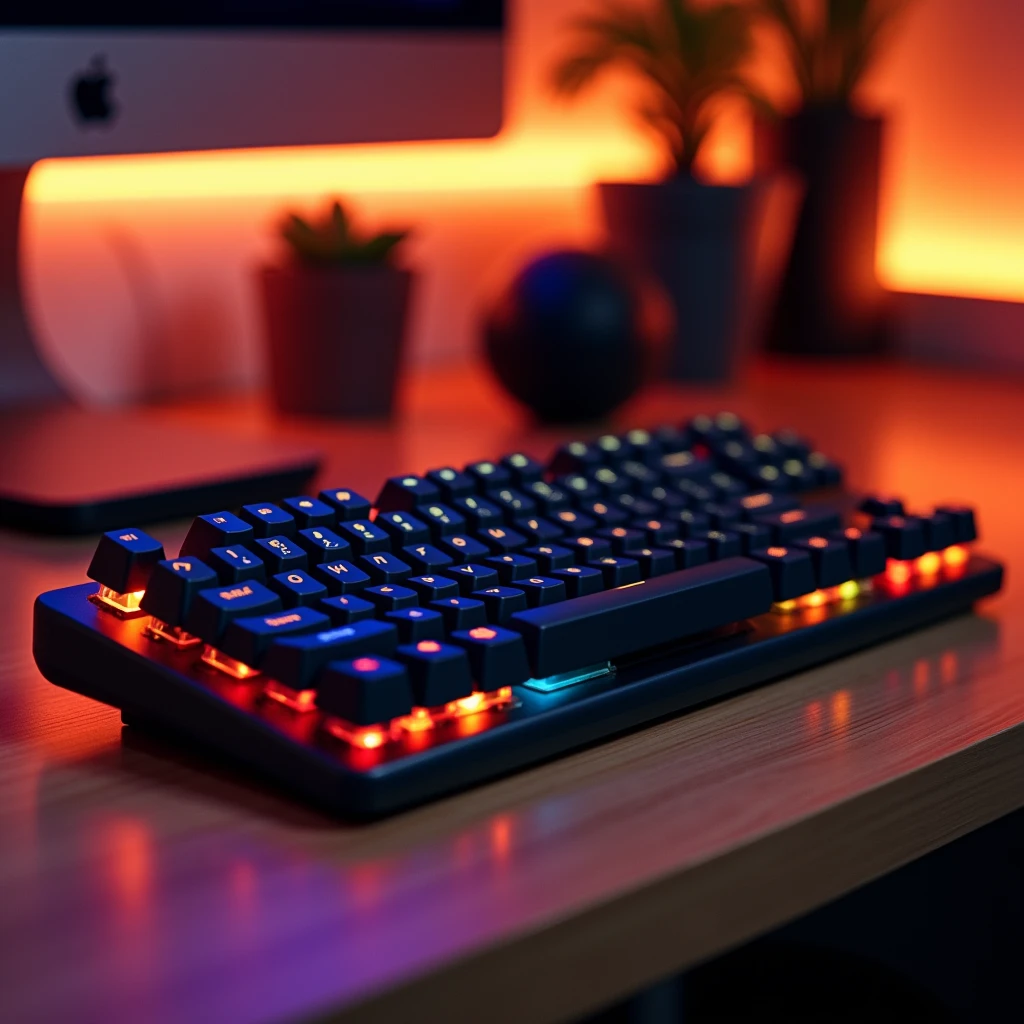 Photo of a high quality keyboard that looks amazing, blurred background, white background, soft orange light behind, different colors, full keyboard shot on the table. [Take professional photos]