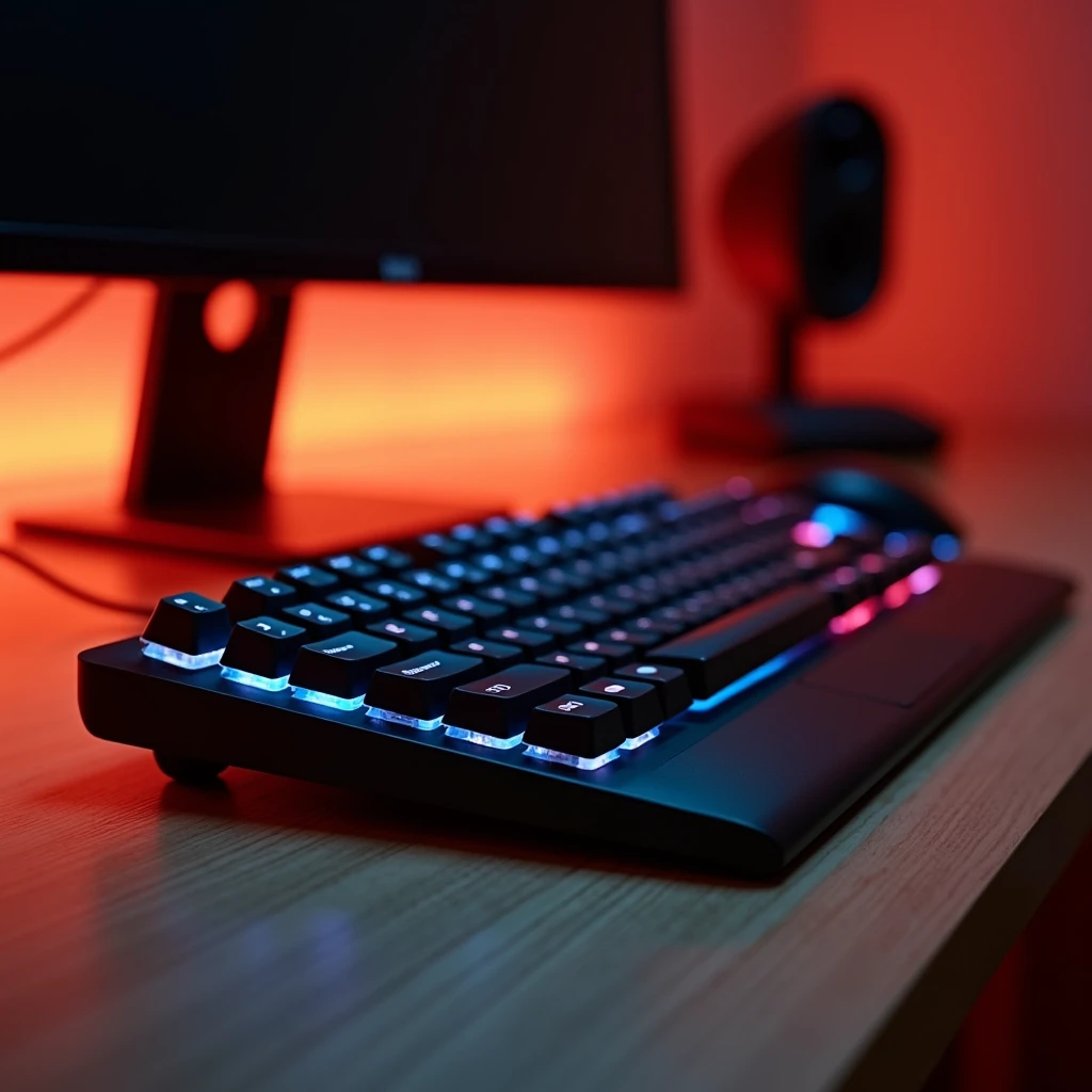 Photo of a high quality keyboard that looks amazing, blurred background, white background, soft orange light behind, different colors, full keyboard shot on the table. [Take professional photos]