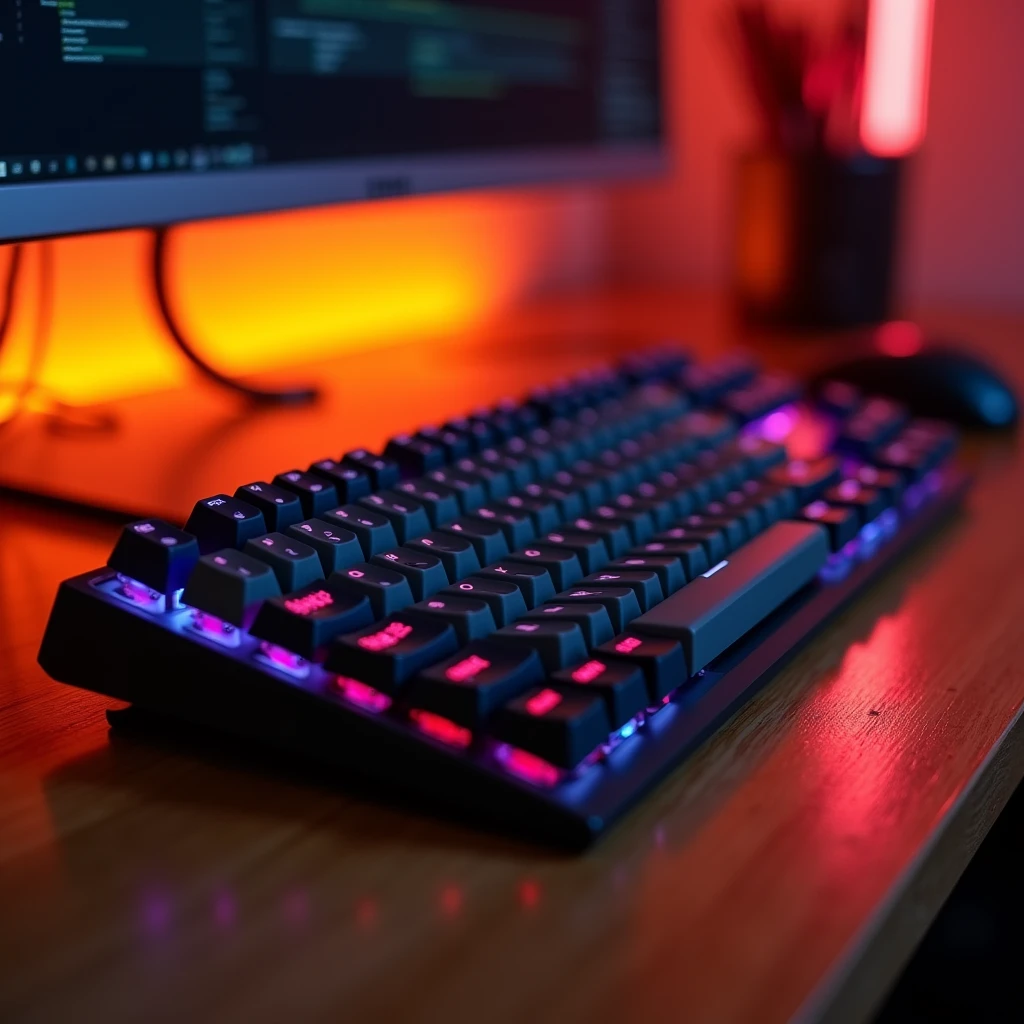 Photo of a high quality keyboard that looks amazing, blurred background, white background, soft orange light behind, different colors, full keyboard shot on the table. [Take professional photos]