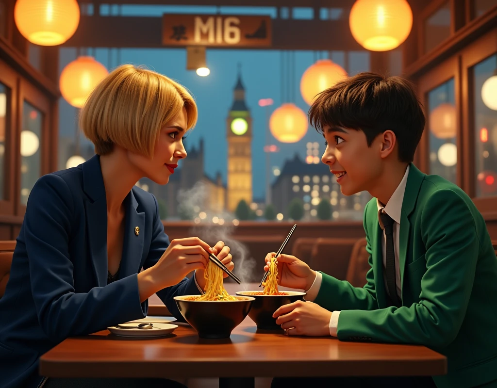 New 007 and Bond boy eating ramen at a Japanese restaurant , ((1 woman and 1 boy is existence) ), (1 Scottish woman , 30 age ,gold hair, short cut, wearing Navy Blue blazer jacket, white turtleneck sweater, Navy Blue pants, brown shoes ),(1 Scottish boy, 18 age, brown hair, short cut, green brazer, brown pants, brown shoes ), front MI 6 building in London , ((super detail, high details, high quality, accurate, anatomically correct, textured skin, beautiful fingers super detail, high details, high quality, best quality))