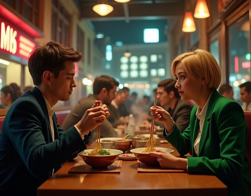 New 007 and Bond boy eating ramen at a Japanese restaurant , ((1 woman and 1 boy is existence) ), (1 Scottish woman , 30 age ,gold hair, short cut, wearing  Navy Blue blazer jacket, white turtleneck sweater,  Navy Blue pants, brown shoes ),(1 Scottish boy, 18 age, brown hair, short cut, green brazer, brown pants, brown shoes ), front MI 6 building in London , ((super detail, high details, high quality, accurate, anatomically correct, textured skin, beautiful fingers super detail, high details, high quality, best quality))