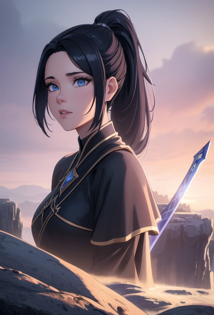 Cliff overlooking the waterfall, There are some arch-shaped stones on the top, Matte painting 8k, Matte Paint 8K, Portrait Wallpaper 8K, Portrait Wallpaper 8K, Portrait Wallpaper 4K, Portrait Wallpaper 4K, The Lost Series, realistic fantasy render, 8K resolution digital painting, 8K resolution digital painting, Jessica Rossier Fantasy Art, 4K rendered matte paint, 3D rendered matte painting with sword、One person, Long Hair, blue eyes, ponytail,