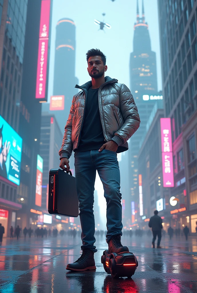 A man standing with a TV in his hand and a travel machine under his foot