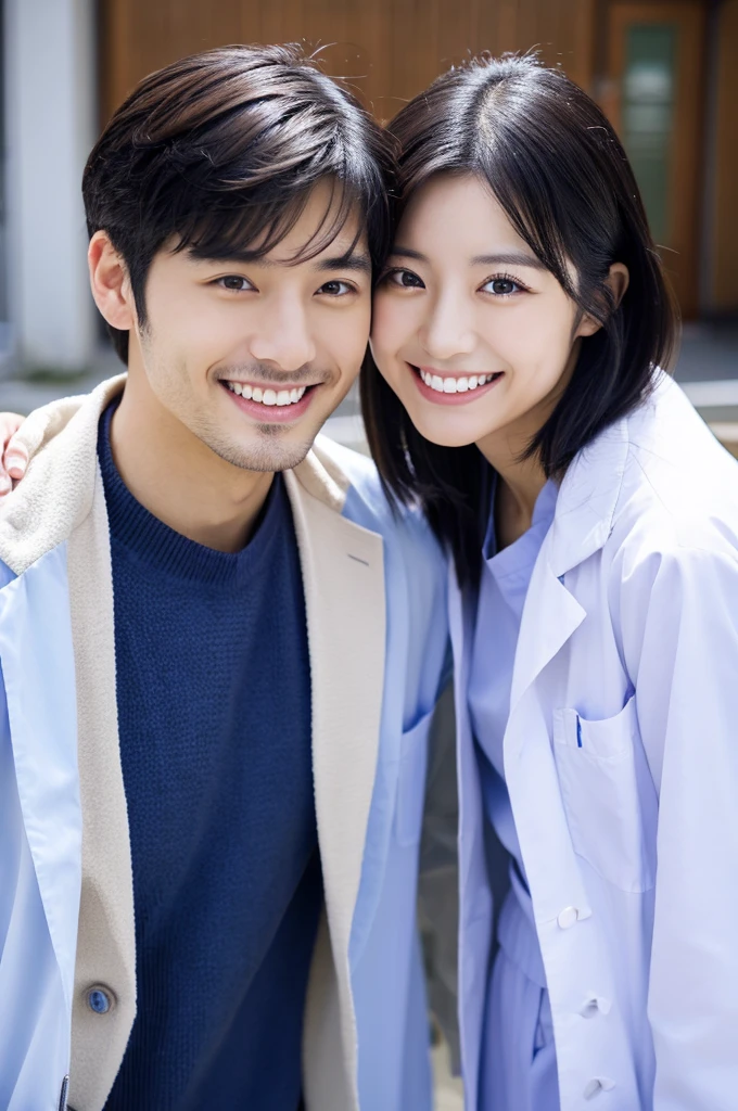 dentist Male 1 Female1People Smiling Wearing a medical lab coat Japanese man in his early 20s with black hair Upper body close-up Shooting outside Harmony々