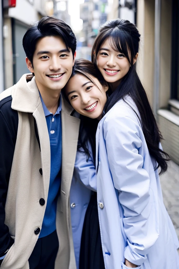 dentist　Male 1 Female１People Smiling 　Wearing a medical lab coat Japanese man in his early 20s with black hair　Upper body close-up　Shooting outside　Harmony々