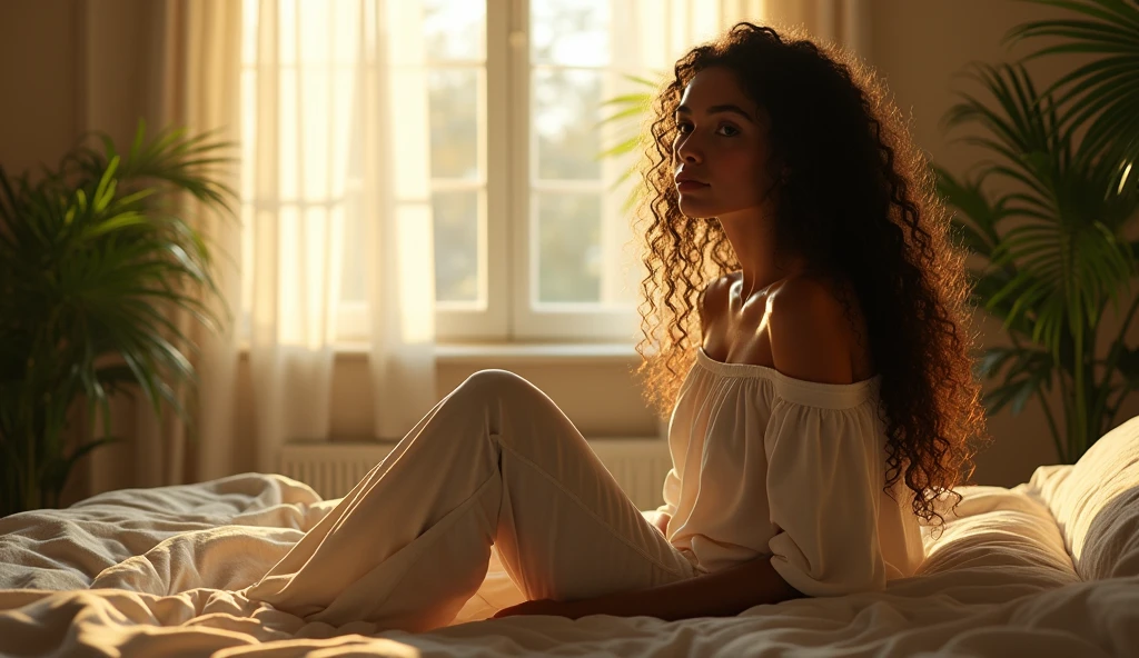 (photorealism:1.2), beautiful woman, sitting on bed, wearing loose off-shoulder top, pajama pants, long curly hair, indoors, soft lighting, plants in background, window with sunlight, cozy room, relaxed pose, realistic, intricate details, warm colors, by Greg Rutkowski, by Alphonse Mucha