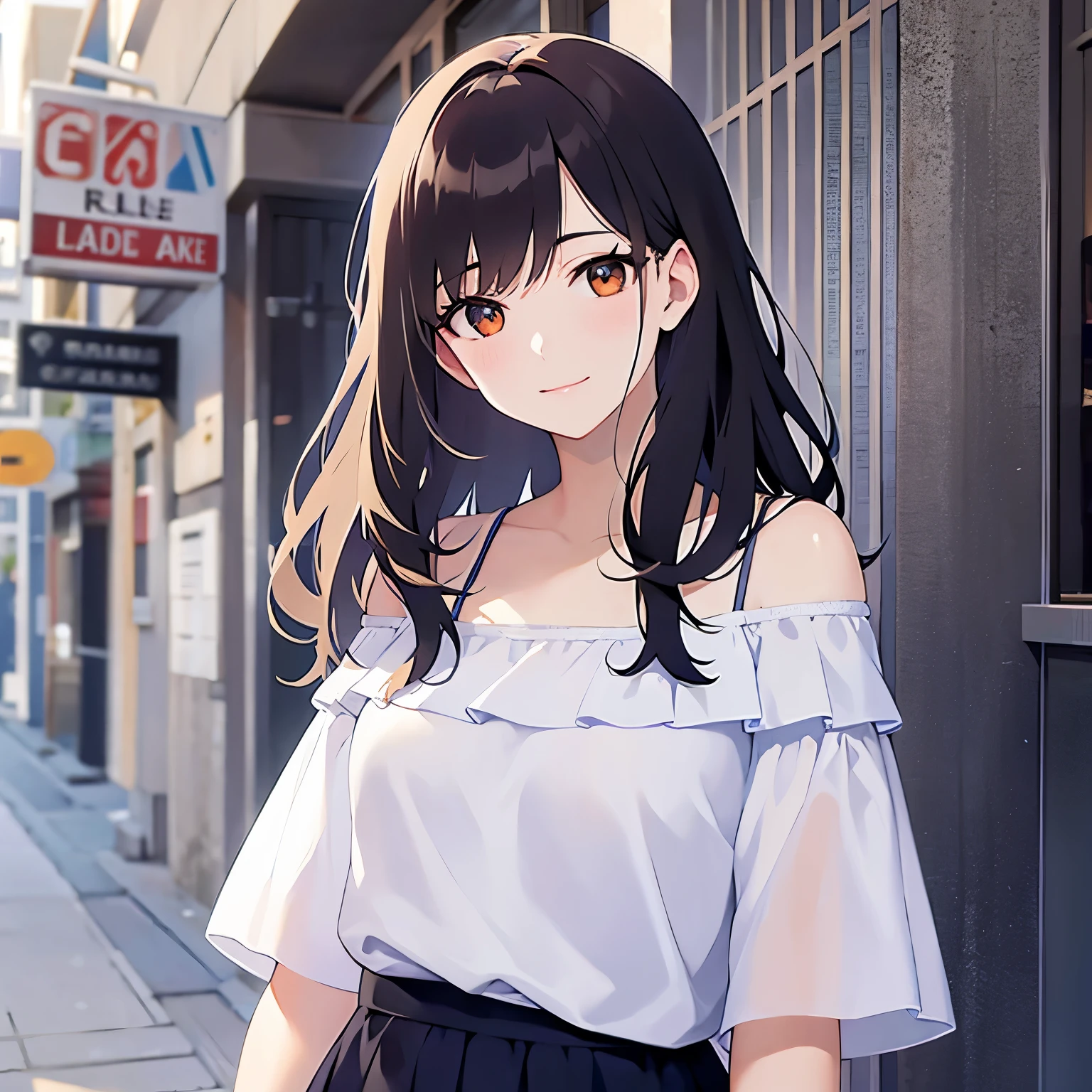 (looking at viewer:1.5)Upper Body, head tilt,
Realistic, real person, (pale skin: 1.2), RAW photo, photorealistic, shiny skin, shiny hair、(A 25-year-old woman with medium-length hair and bangs) and (wavy hair) and (brown hair) and (orange eyes) ,
(white) and (off shoulder blouse)
shy,blush,smile,(alone:1.5),The background is a busy street