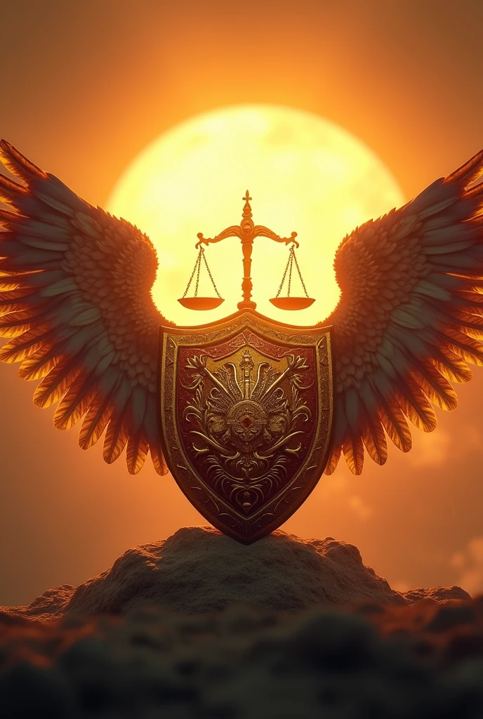 Sun in the back with shield  in the front with wing and scale of justice as a logo