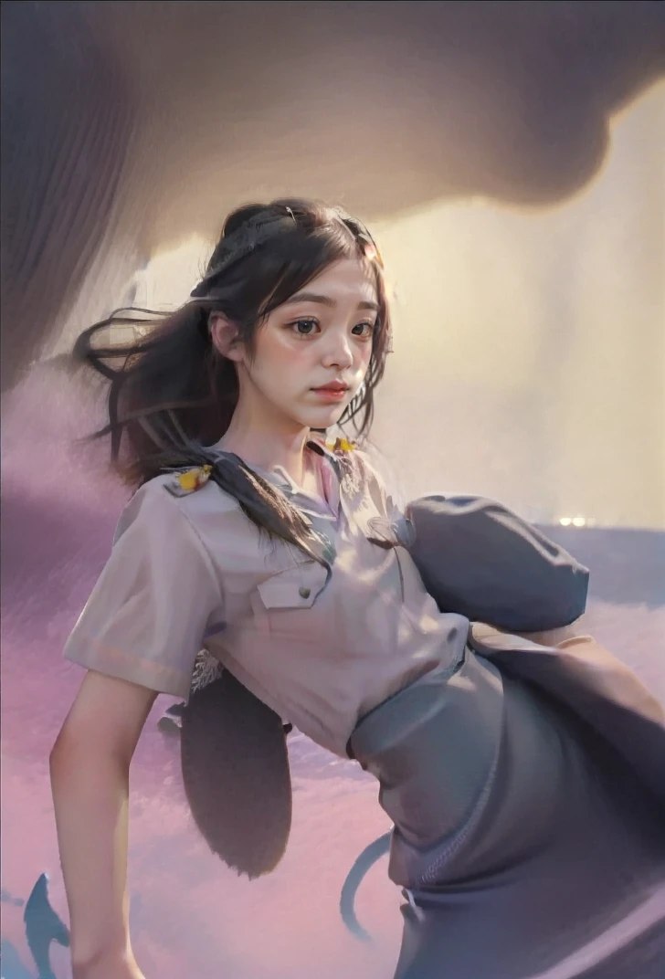 MAGIC in your area ,Ponytail hairstyle, Bangs, short sleeve uniform, waist up, smile, beautiful lighting, best quality, masterpiece, ultra highres, photorealistic (sea background:1.8)