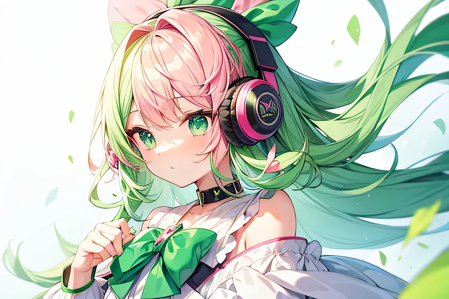 Green and pink hair Magical girl Headphones and ribbon Cyber World